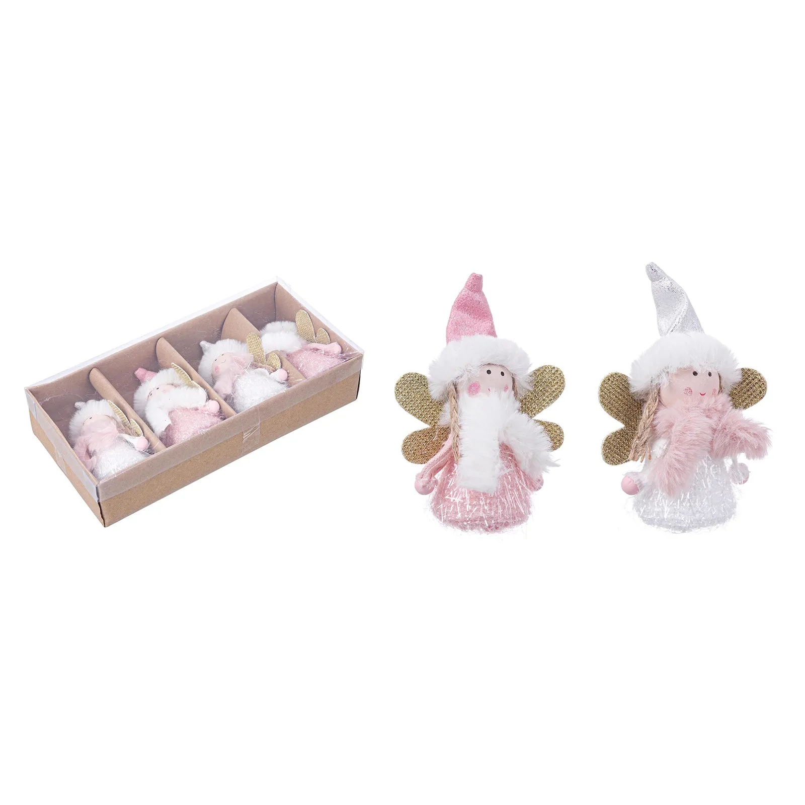 4 Pendagli bambolina in pezza h 11 cm, pallina per albero di natale addobbi natalizi Rosa