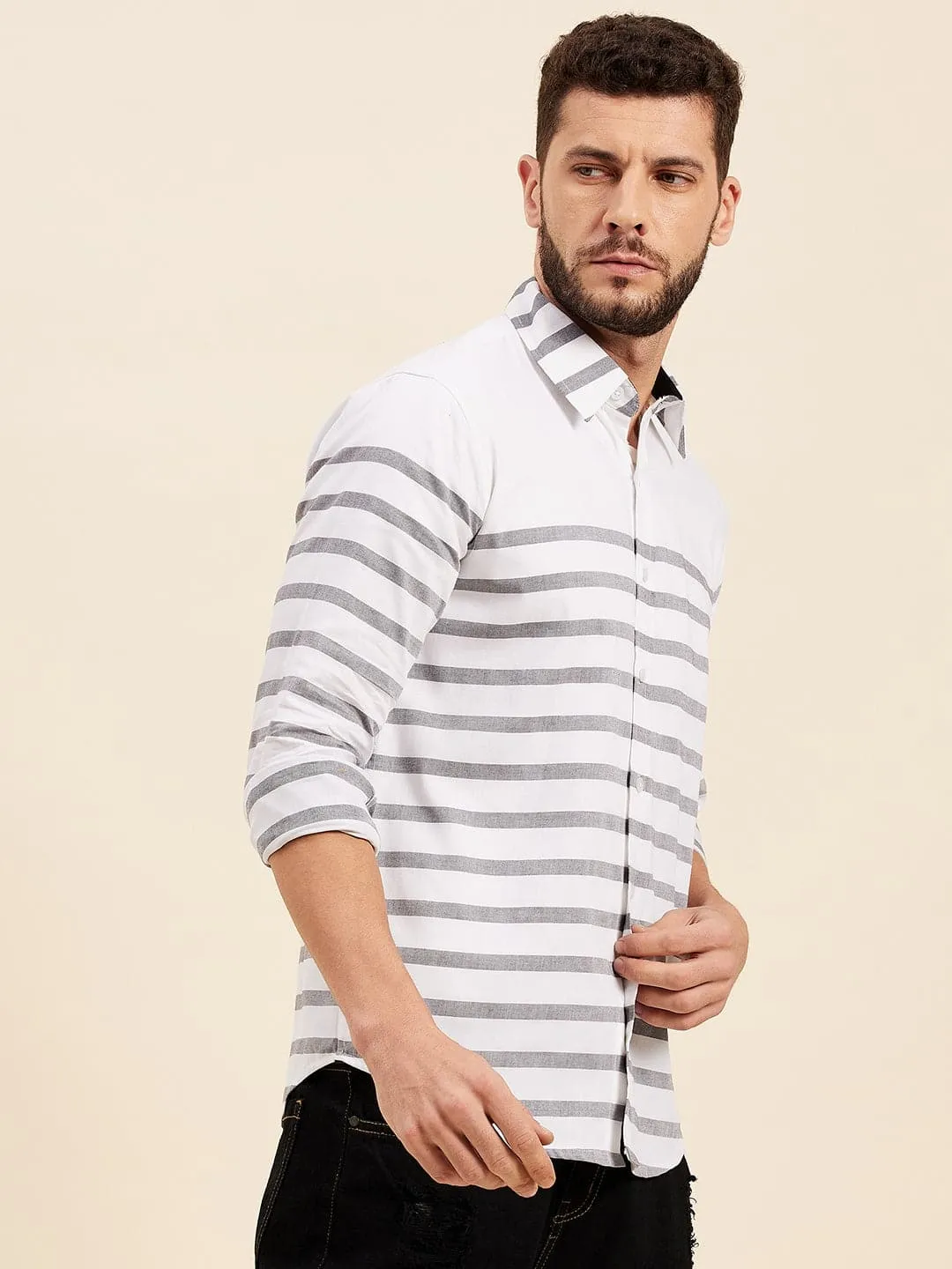 Men's White & Grey Breton Stripes Collar Shirt - LYUSH-MASCLN