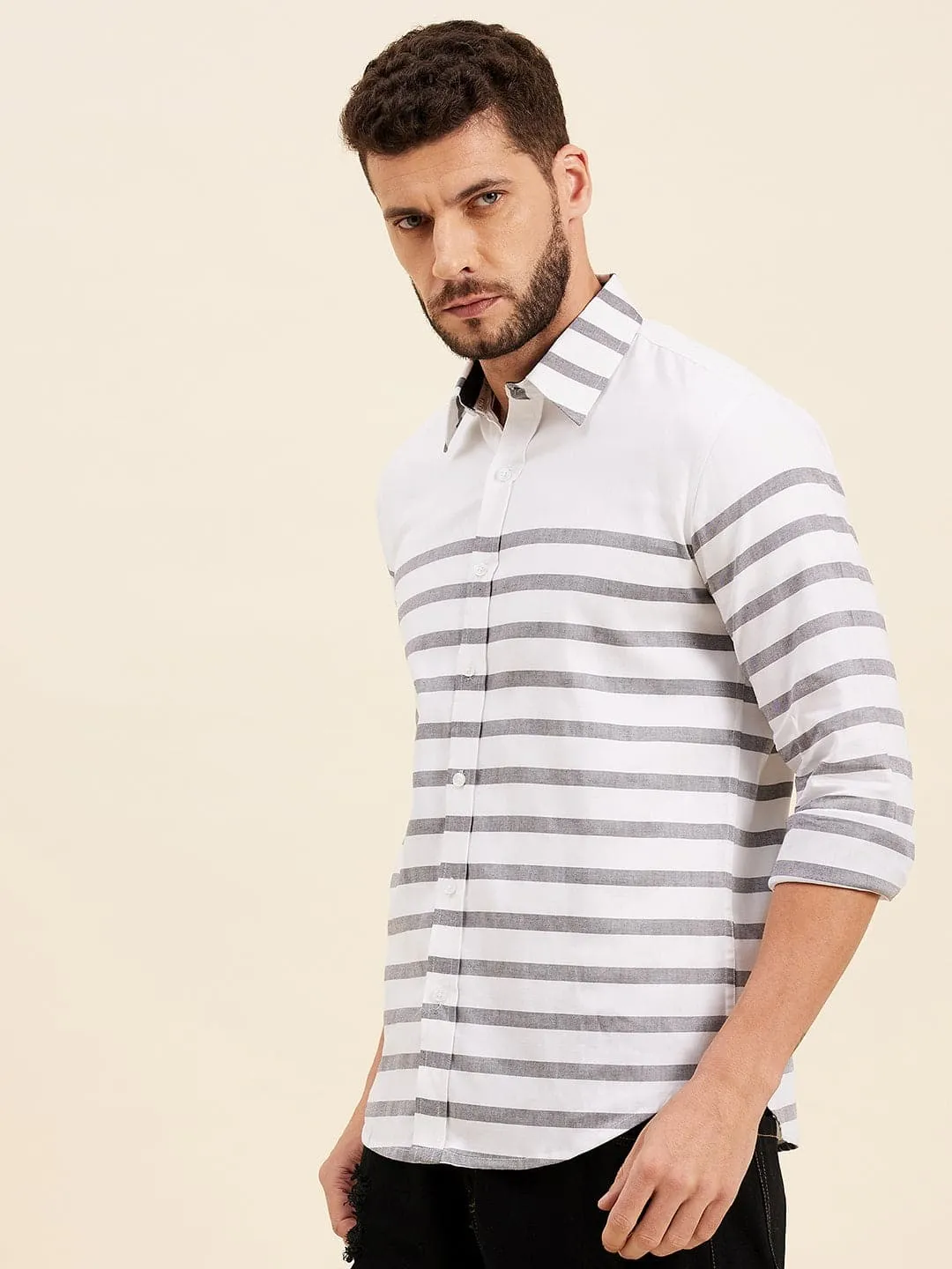 Men's White & Grey Breton Stripes Collar Shirt - LYUSH-MASCLN